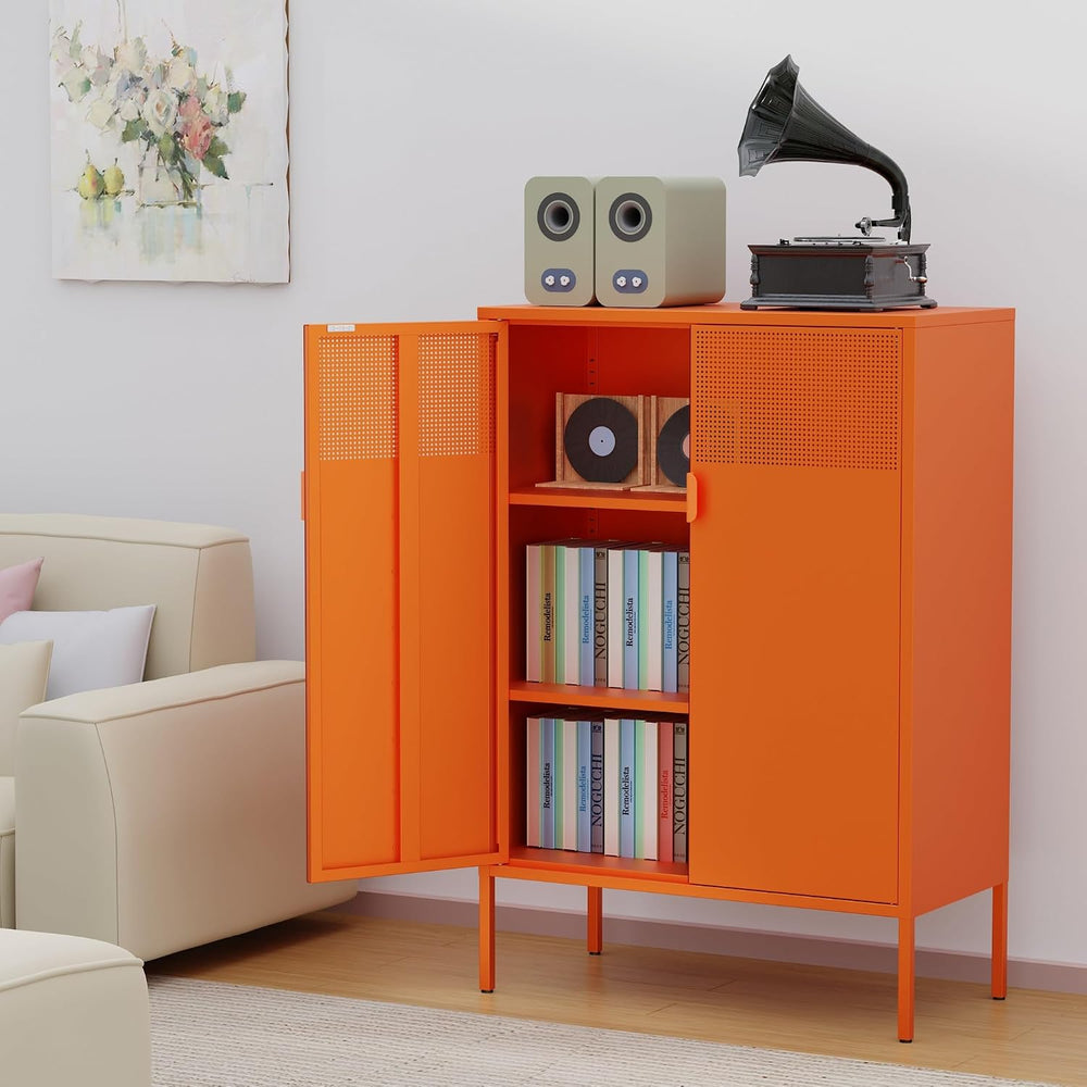 Ustamio Orange 3 Tier Metal Storage Cabinet with Legs, 2 Door Metal Locker St...