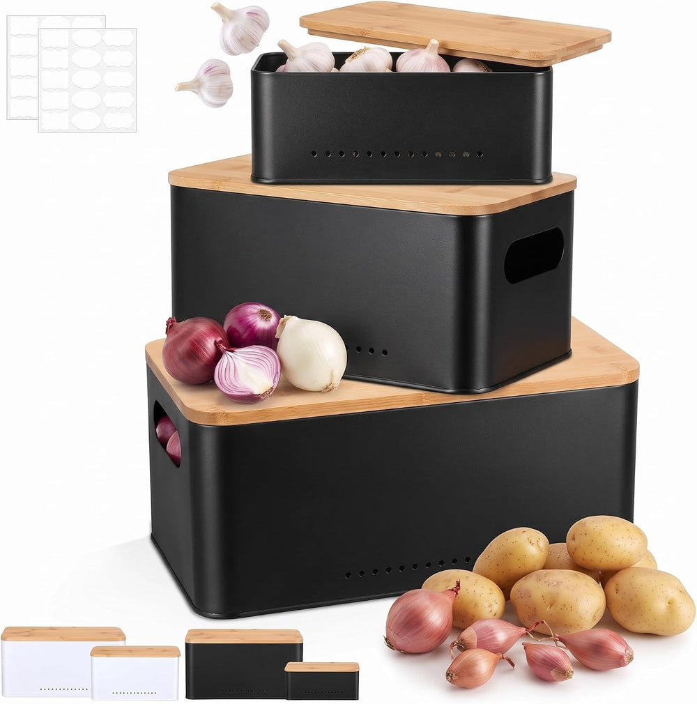 3 Pcs Metal Storage Box with Lid Nesting Farmhouse Storage Bins, Black