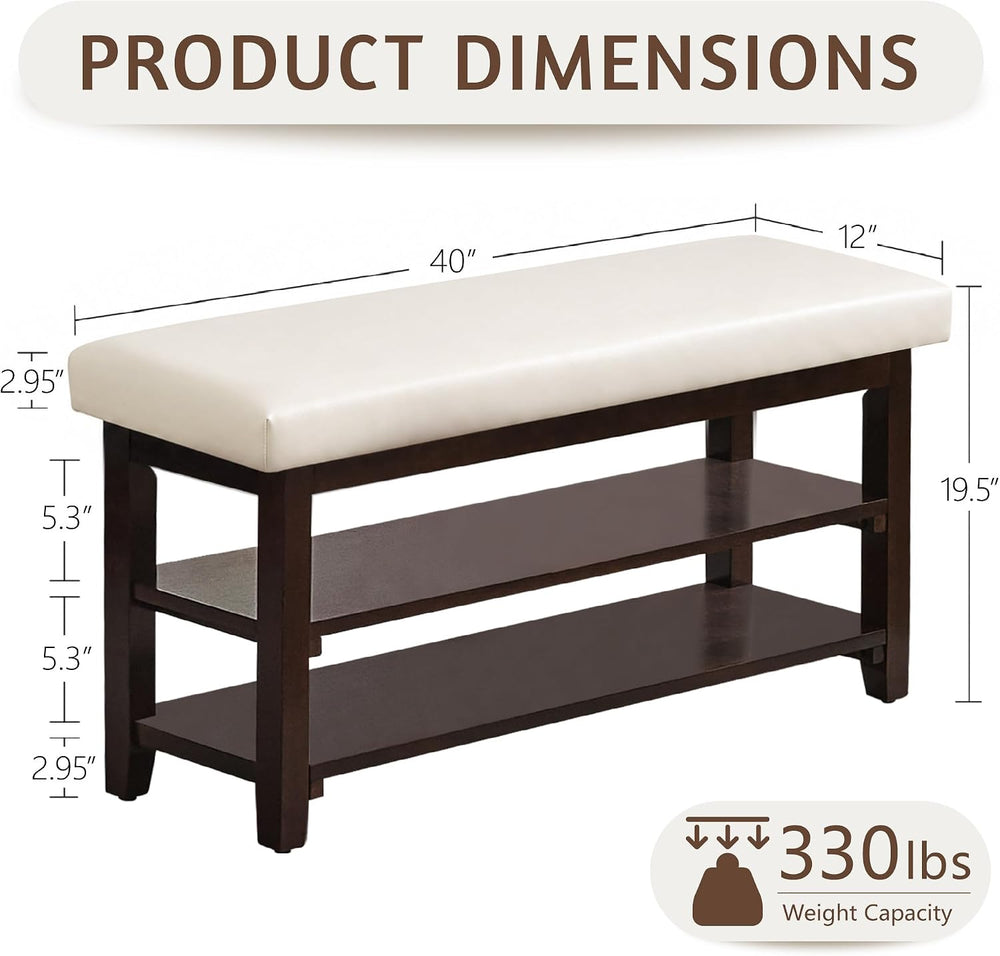 40" Solid Wood Shoe Storage Bench, 2 Tier Shoe Rack for Entryway, Beige