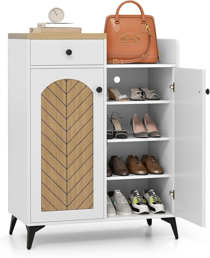 LOKO Shoe Cabinet with Doors, 6-Tier Shoe Storage Cabinet with Drawer, 6 Adjustable & Removable Shelves, Ventilation Holes, Metal Legs, Wooden Shoe Organizer for Entryway, Closet, Hallway, Living Room
