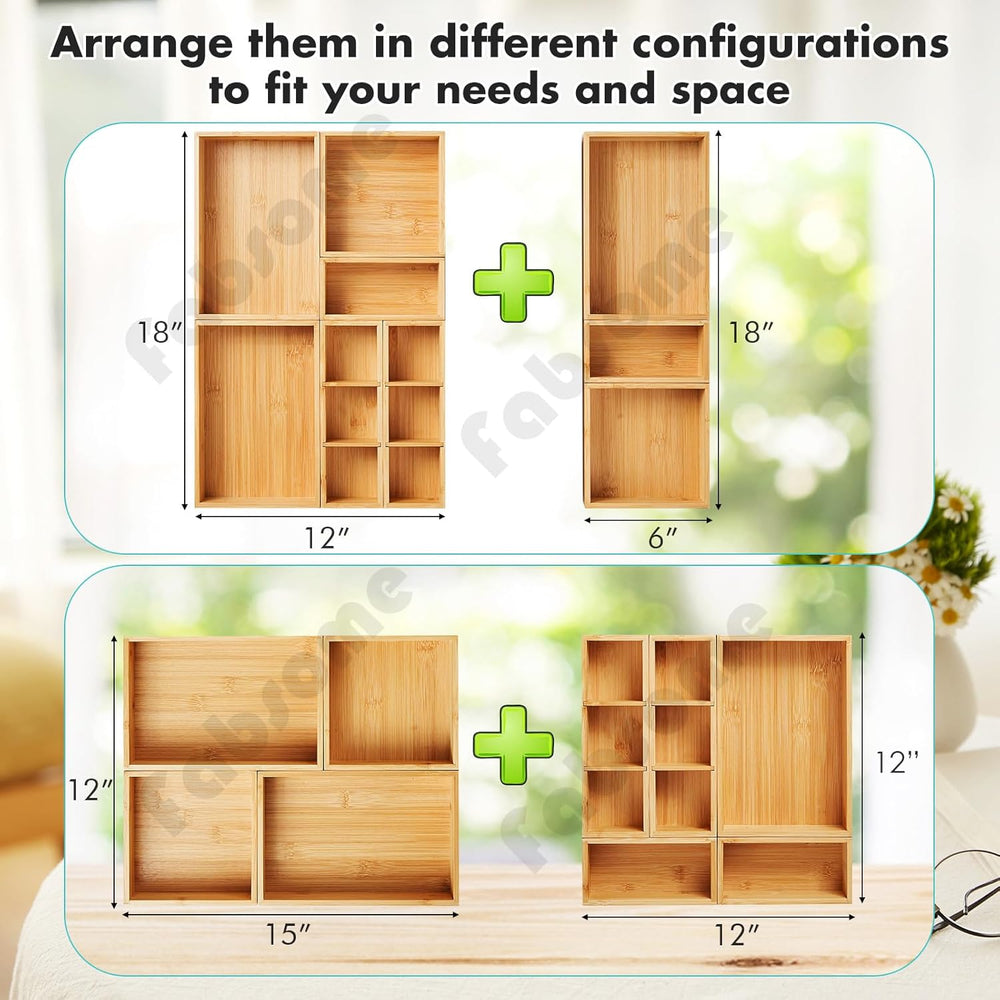 Fabsome Drawer Organizer, Set of 9 Bamboo Wood Kitchen Makeup Desk Junk Tea D...