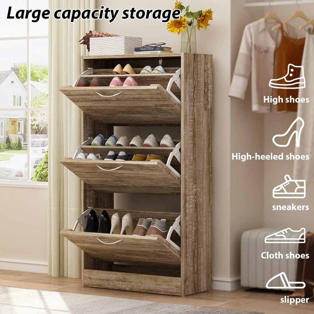 AGOTENI Natural Narrow Shoe Storage Cabinet with 3 Flip Doors & Adjustabl...