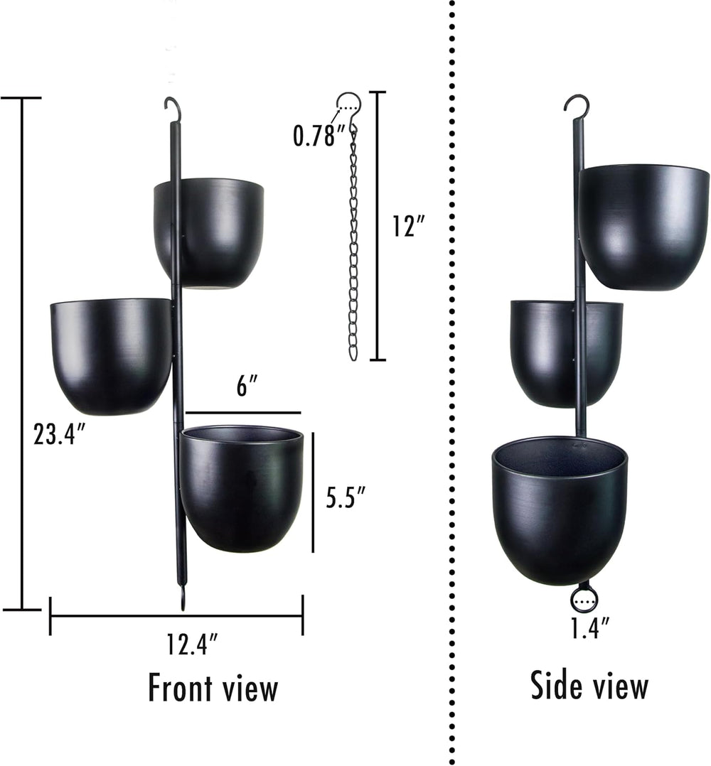 3-Tier Metal Hanging Planter with 6 Inch Oval Pots - Black Modern Triple Tier...