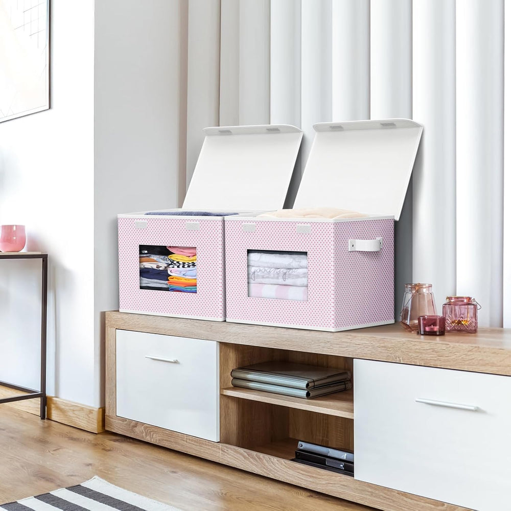 Univivi Fabric Foldable Storage Boxes with Lids, 4 Pack, Pink