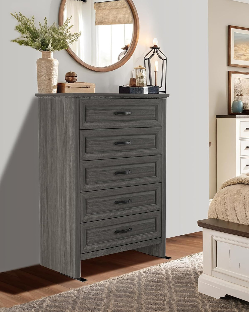 Pipishell 5 Drawers Dresser, 42.7 Inch Tall Wood Chest of Drawers, Gray