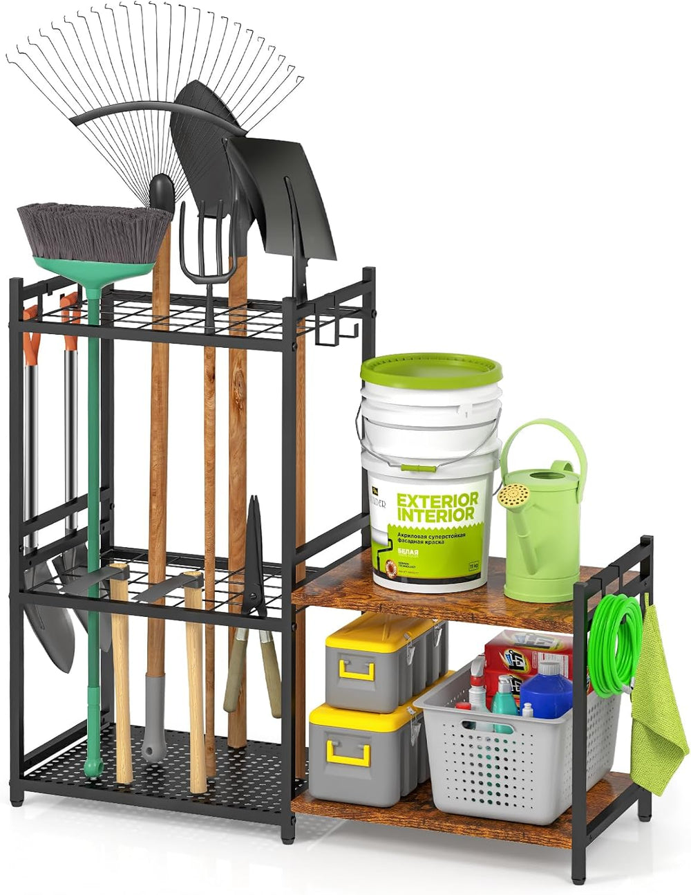 DAOUTIME Garage Tool Organizer with 2-tier Wooden Shelves, Yard Tool Organize...