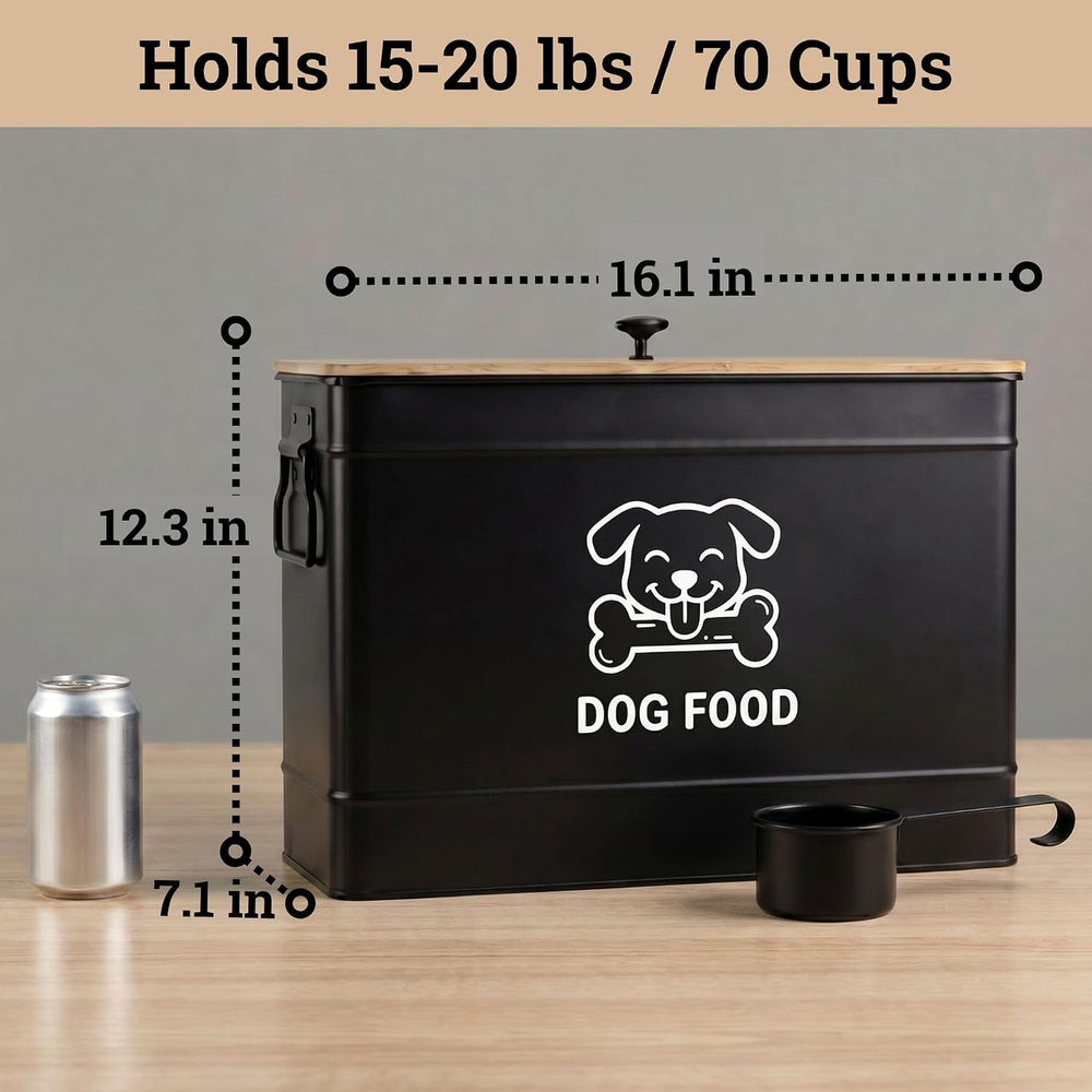 Metal Dog Food Container 15-20 lbs w/ Airtight Bamboo Lid, 70 Cup Capacity