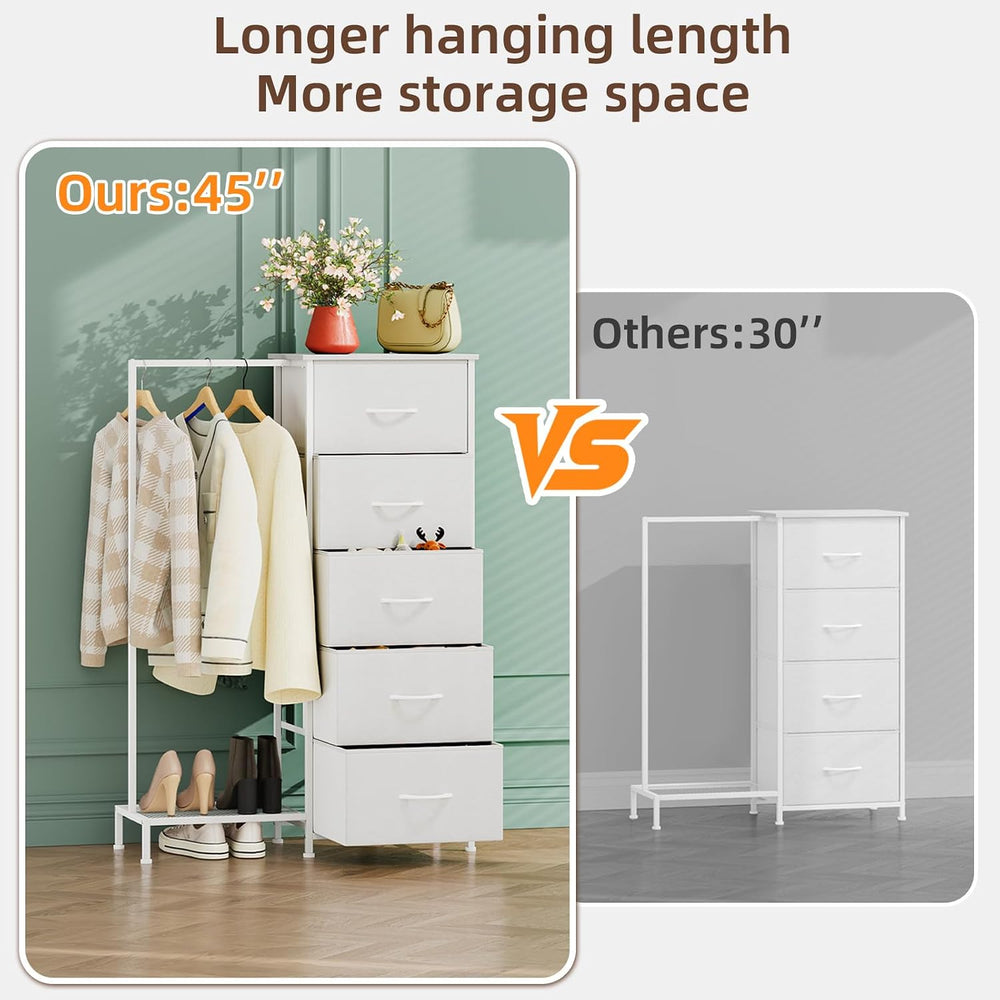 Somdot Dresser with Hanging Rack, 5 Drawers Small Closet for Bedroom