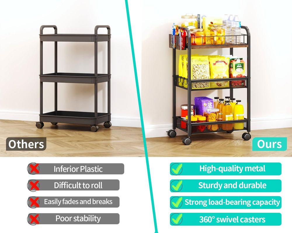 HapiRm 3 Tier Metal Rolling Cart- Utility Storage Cart with Locking Wheels