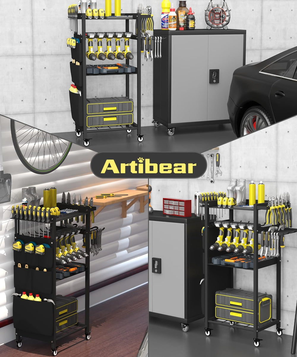 4-Tier Rolling Power Tool Organizer Storage Cart, Garage Organization on Whee...