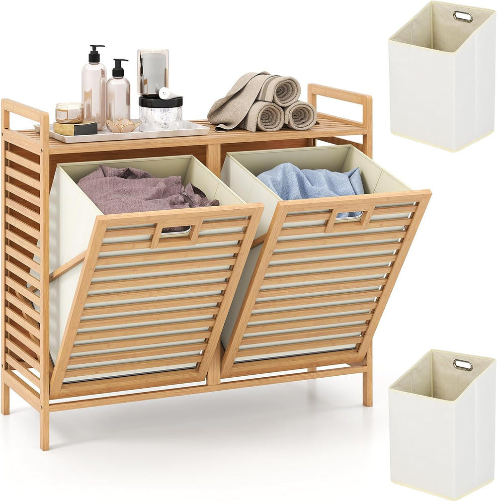 GOFLAME Double Tilt Out Laundry Hamper, Bamboo Laundry Basket Organizer with ...