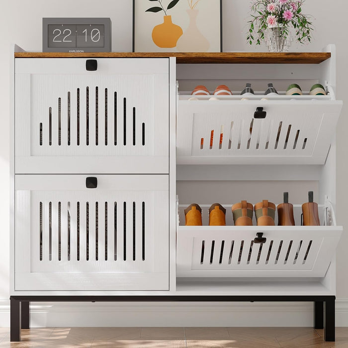IDEALHOUSE Narrow Shoe Cabinet with 4 Flip Drawers, White & Rustic
