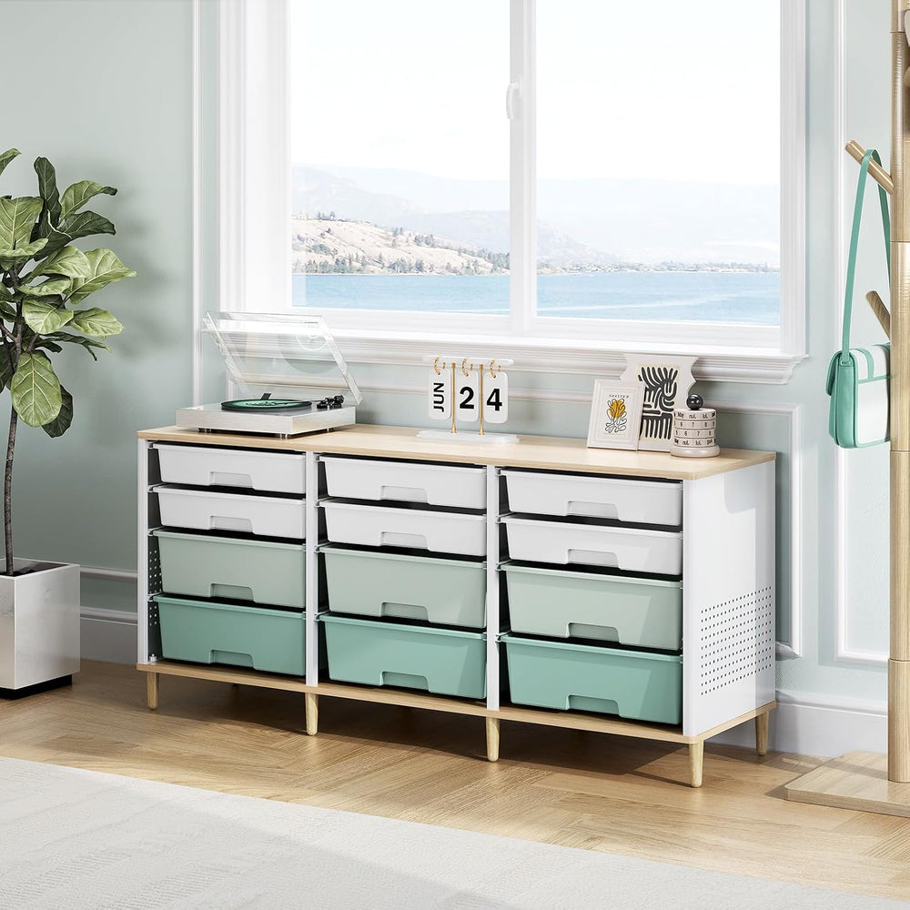 TOOLF 12 Drawers Storage Cabinet with Wooden Top and Plastic Bins,Green
