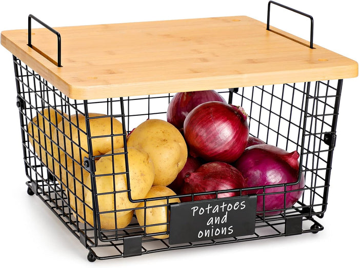 1 Set Stackable Wire Basket with Bamboo Top - Kitchen Counter, Pantry Organizer and Storage - Produce Onion Potato Fruits Vegs Bread Food Snack Spice Organizing Bin for Cabinet Shelf Countertop Floor