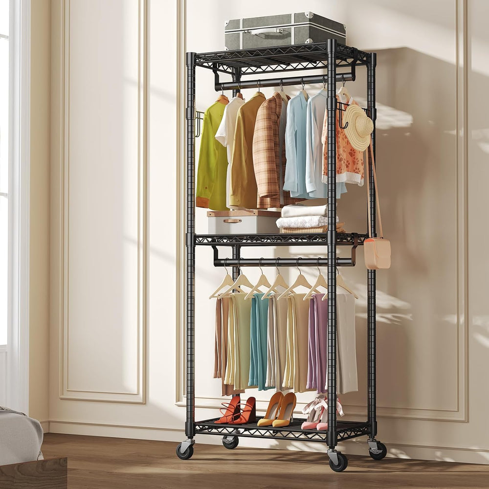 NEWBULIG Heavy Duty Clothing Rack with Wheels, 3-Tier Adjustable Wire Garment...