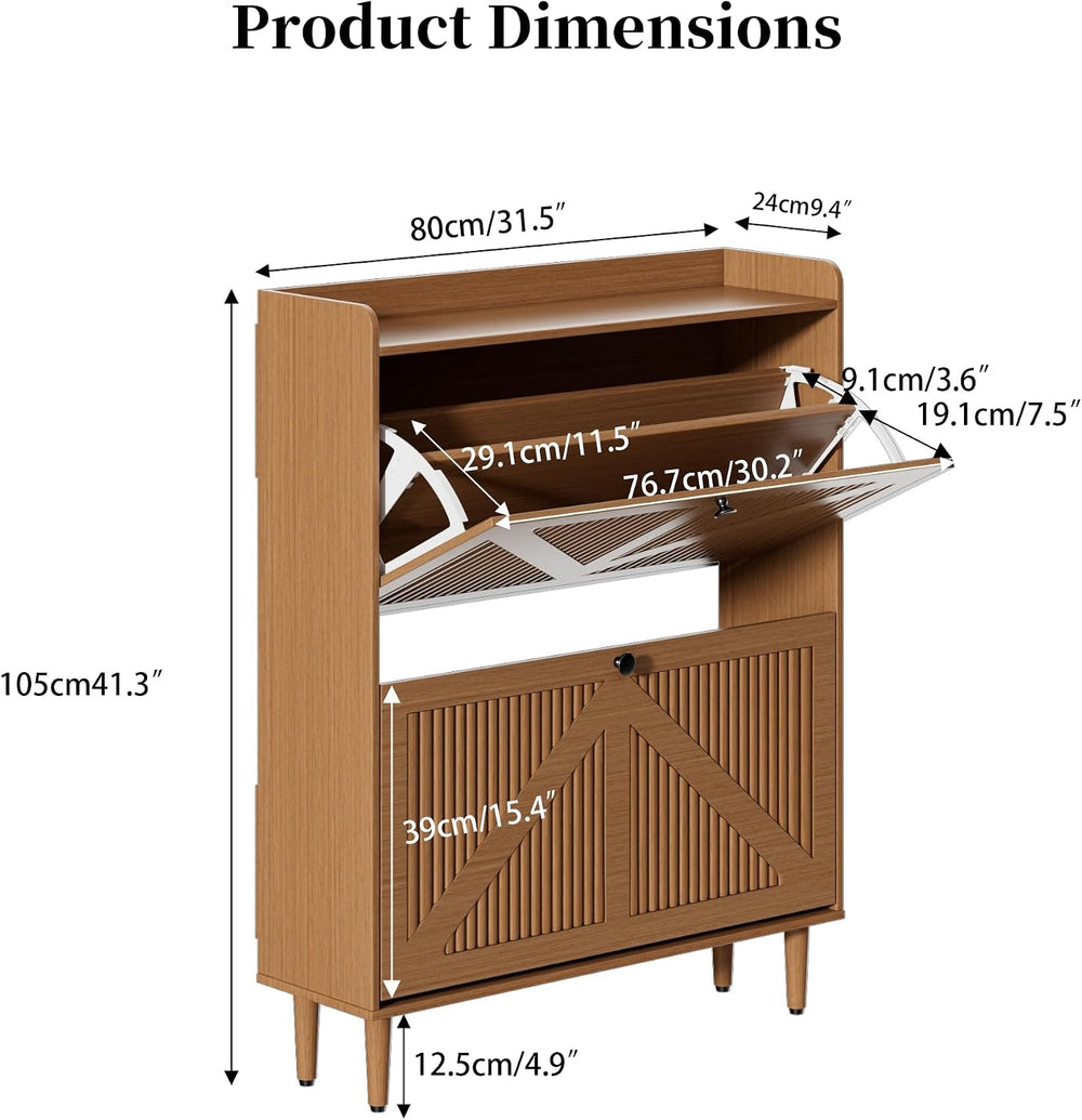 Narrow Shoe Storage Cabinet with 2 Flip Drawers for Entryway (Walnut)