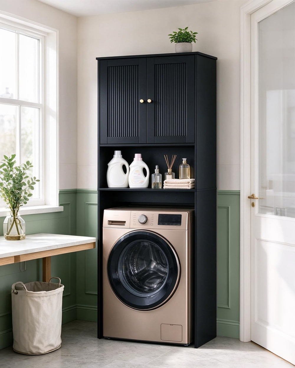 Over the Toilet Storage Cabinet, 2 Fluted Doors, Adjustable Shelf, Black