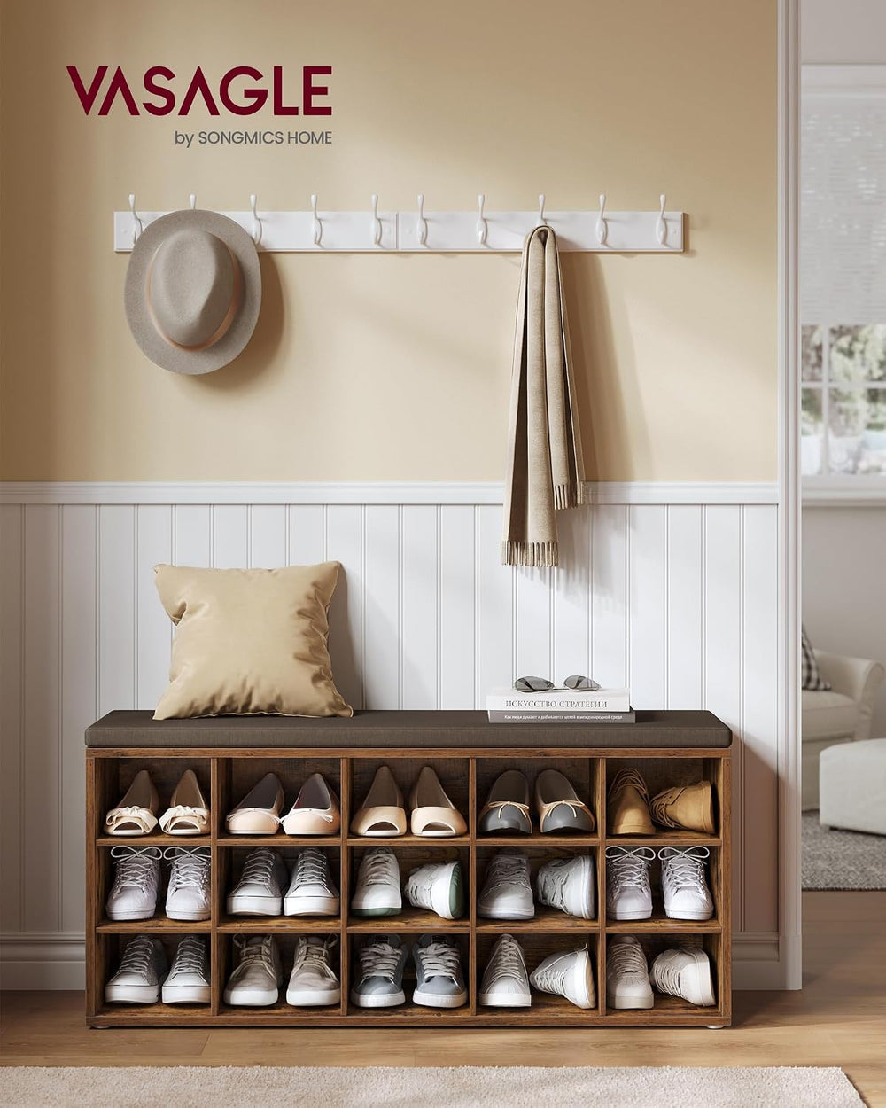 VASAGLE Shoe Bench with Cushion, 15 Compartments, 11.8 x 41.3 x 18.9 Inches