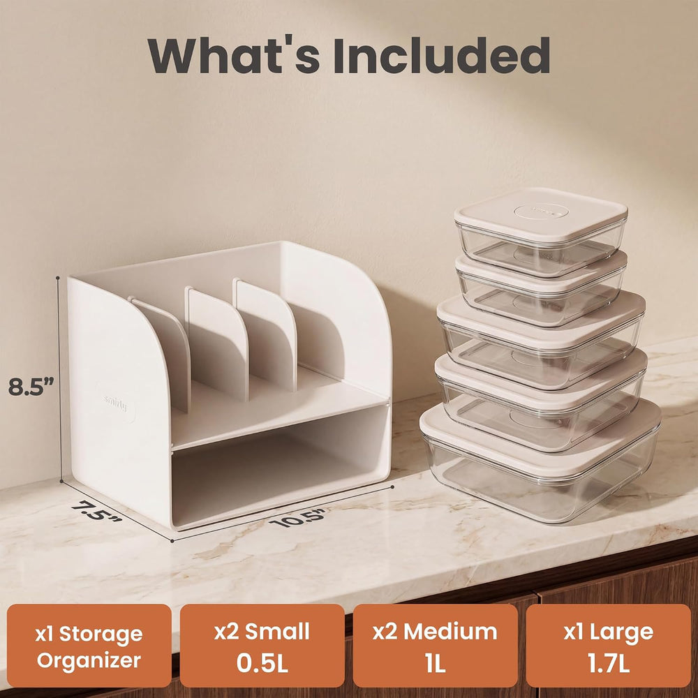 SMIRLY Glass Food Storage Containers with Lids & Organizer, 5-Pack, Cream