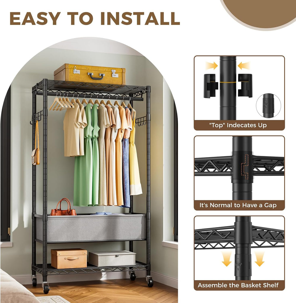 Golpart Heavy Duty Rolling Clothes Rack Wheels Portable Metal Garment Rack