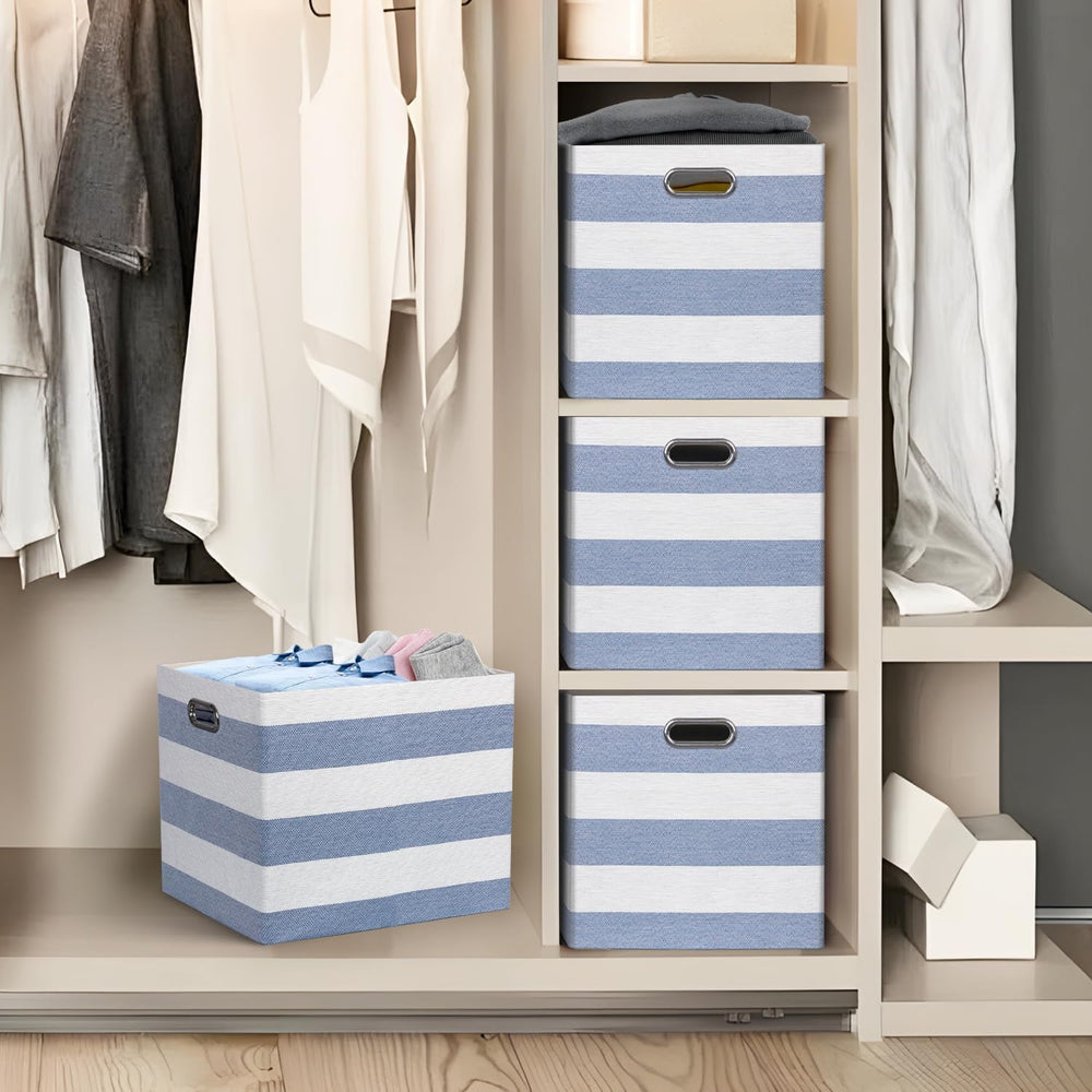 13 x 15 x 13 Inch Stripe Linen Storage Cube for Home Organizing, Pack of 4