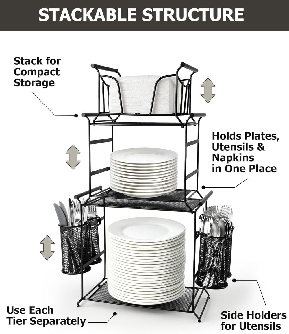 HULISEN 3-Tier Buffet Caddy, 7-Piece Paper Plate & Utensil Holder for Party