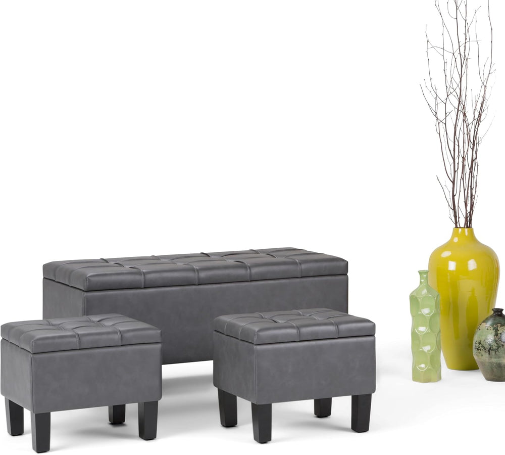 SIMPLIHOME Dover 44" Wide Vegan Leather Storage Ottoman in Grey (Set of 3)