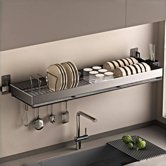 Wall-Mounted Stainless Steel Dish Drying Rack with Cutlery Holder,Hooks & Drainboard – Space-Saving Shelf for Plates,Bowls & Cups