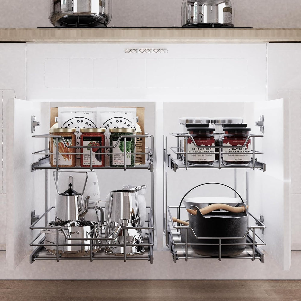2 Tier Pull Out Cabinet Organizer 11" W X 22" D, Chromed, Full Slid...