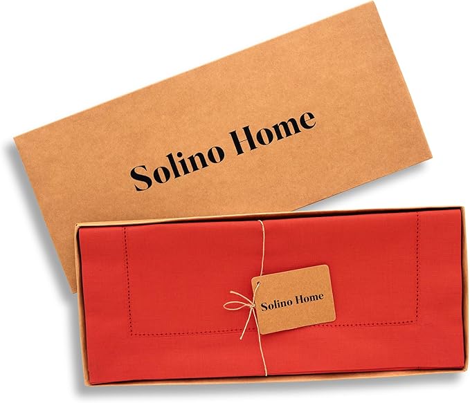 Solino Home Table Runner 90 Inches Long - Cotton Linen Hemstitch Poppy Red Ta...
