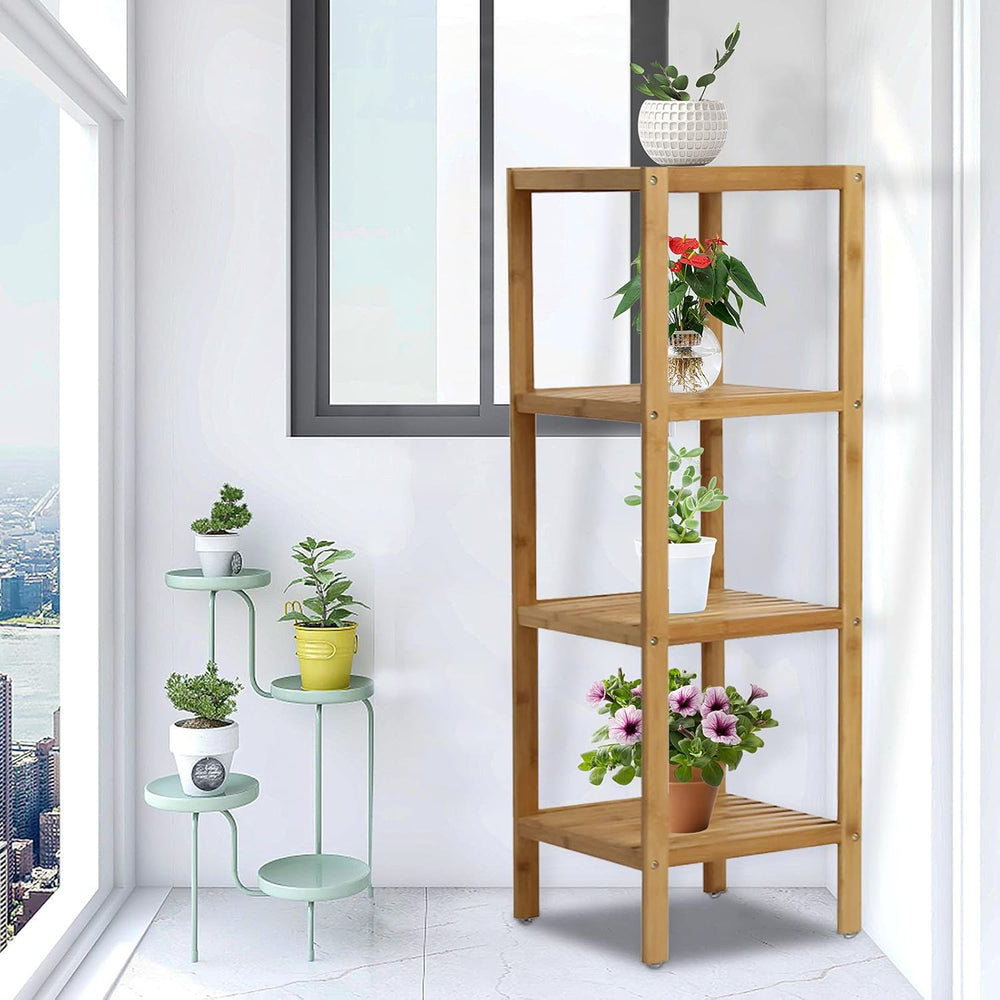 Bamboo Bathroom Shelf Square 4-Tier Storage Shelves Free Standing Rack Multif...