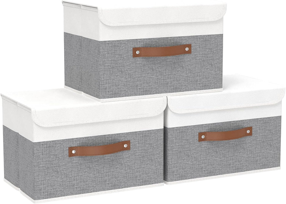 Yawinhe Storage Bins with Lids,White/Grey,17.7x11.8x11.8in,3-Pack