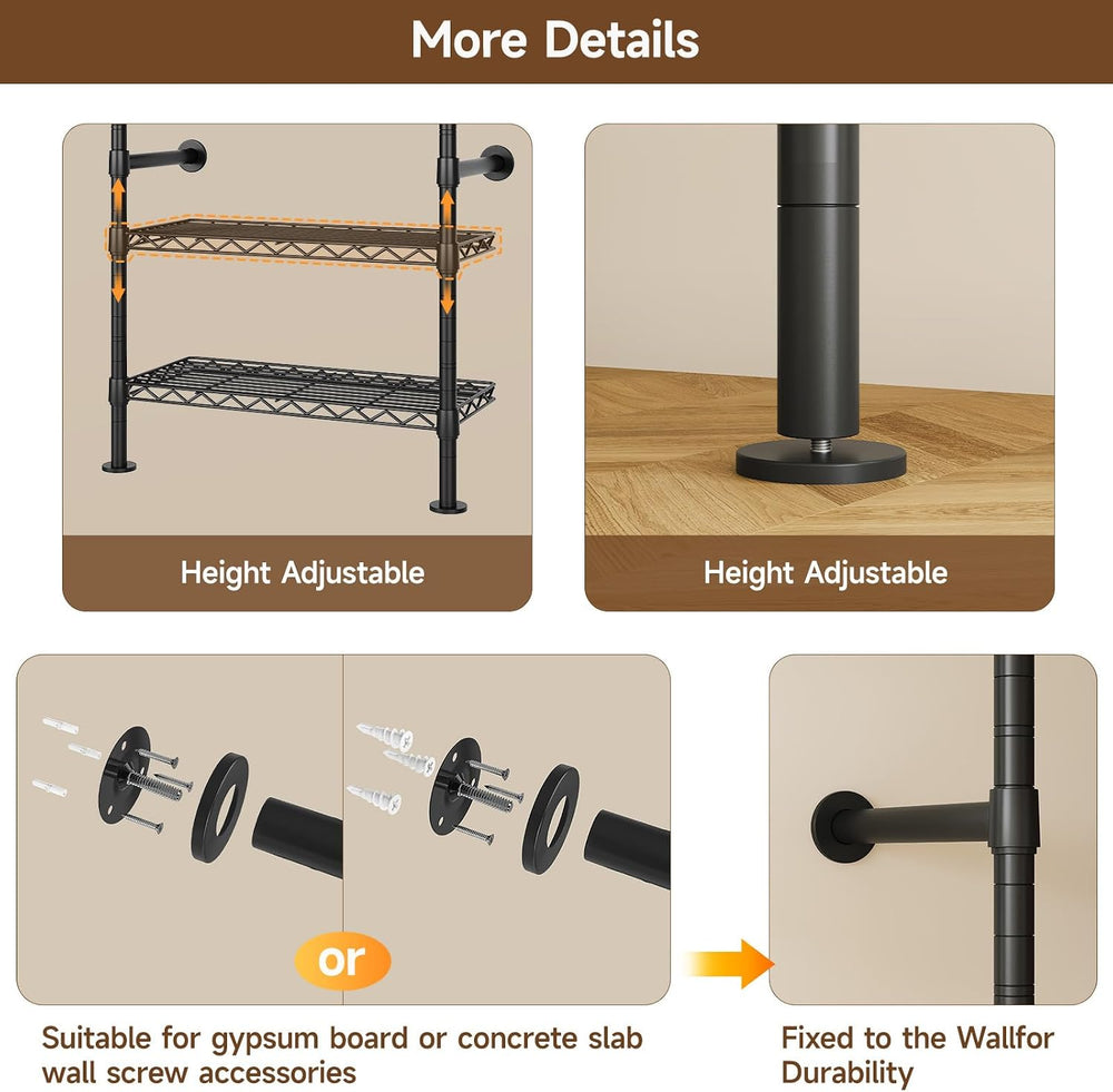 ONBRILL H6 Wall Mounted Closet System, Industrial Pipe Clothes Rack, Black