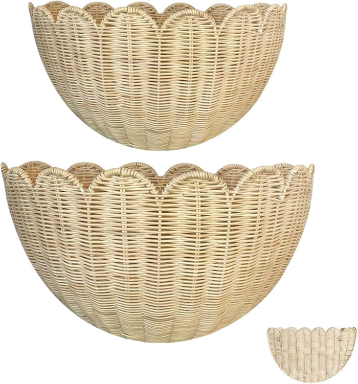 Scalloped Wall Basket Set of 2,Boho Hanging Wicker Wall Baskets