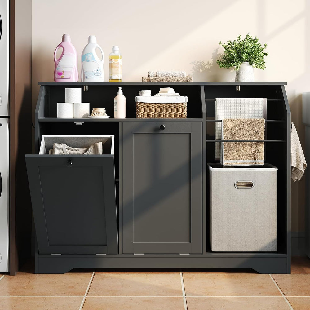 43.3" Laundry Hamper Cabinet, Double Tilt-Out Laundry Hamper with 4 Hook...