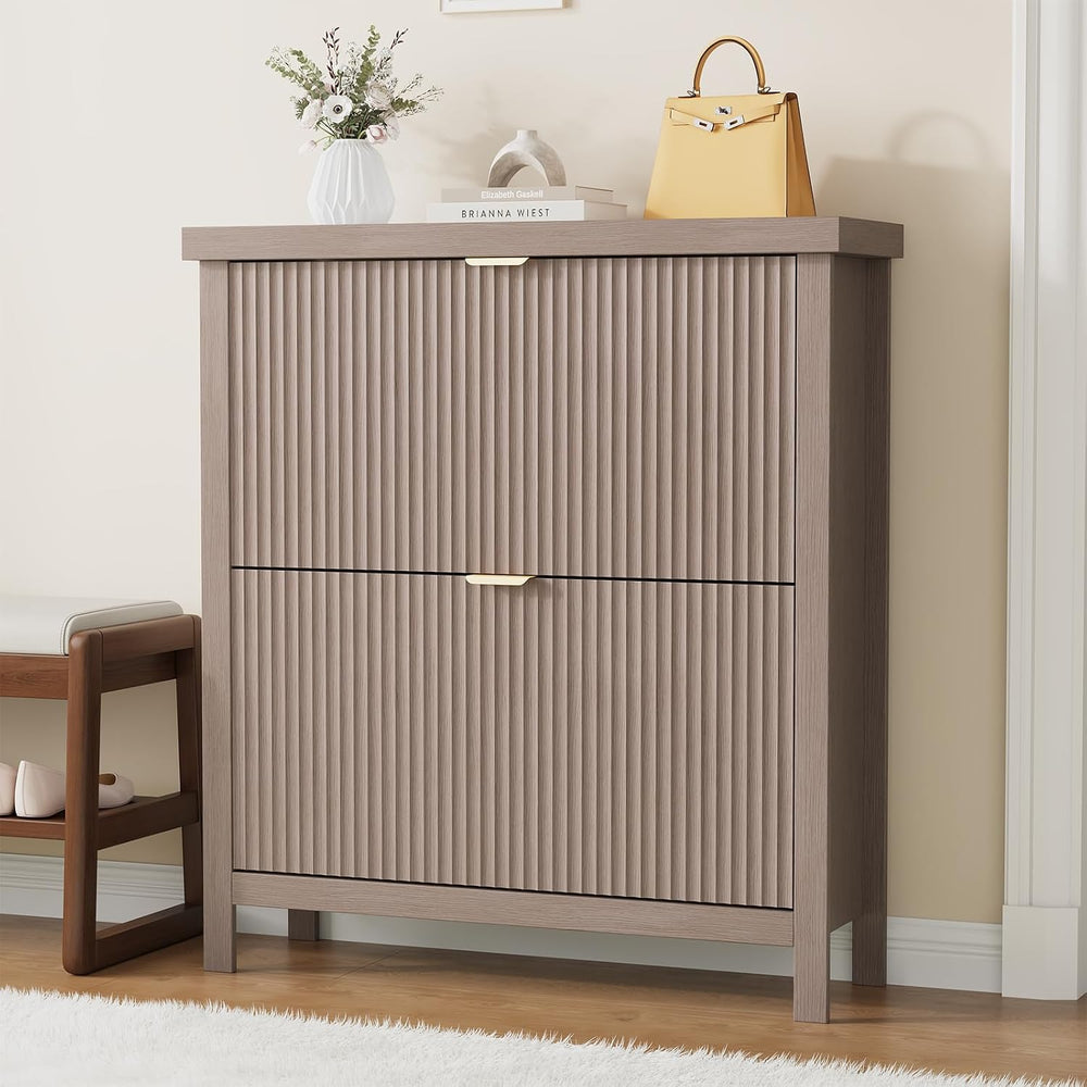 Fluted Shoe Cabinet with 2 Flip Drawers, Slim Entryway Storage