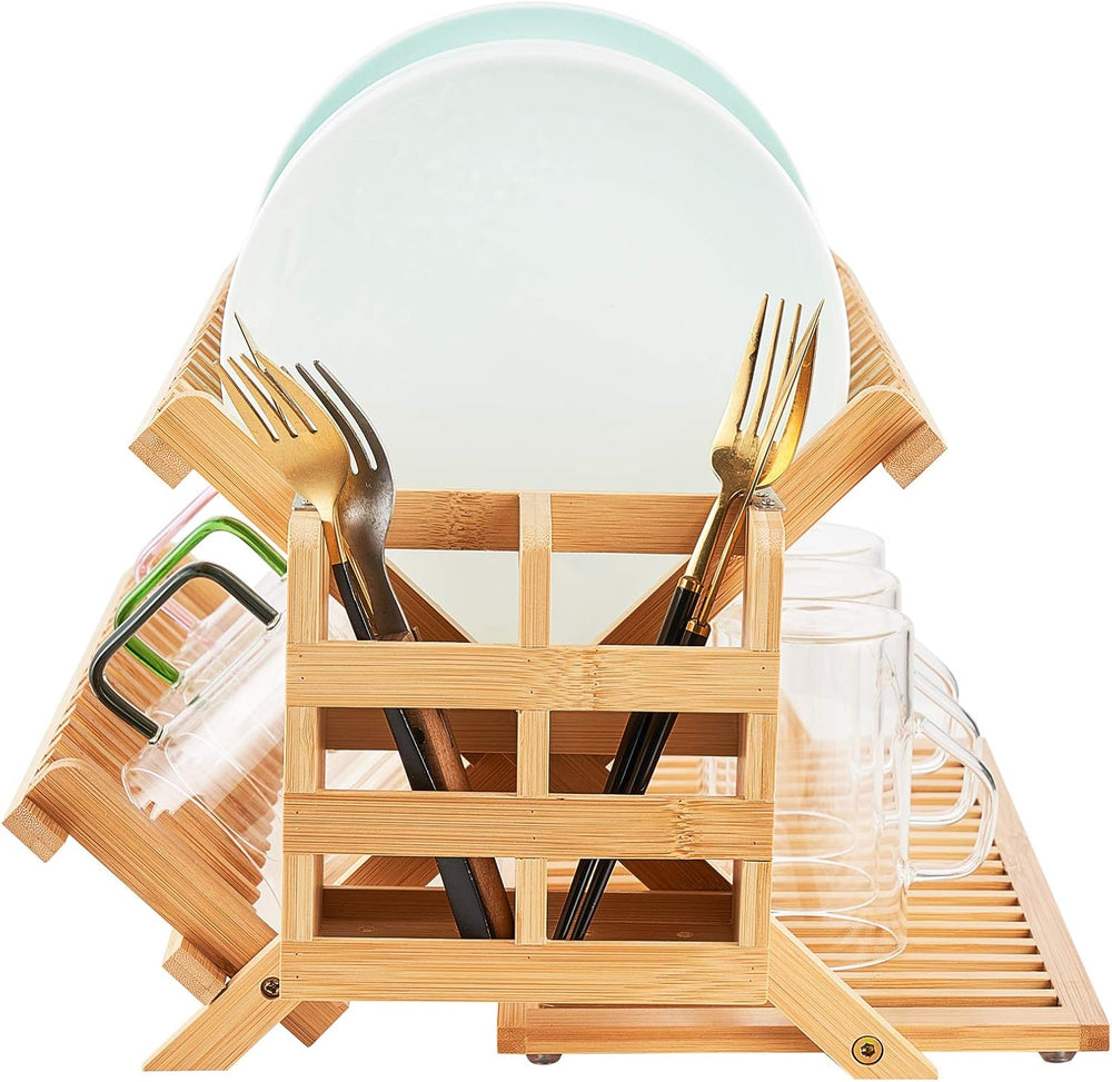 Bamboo Dish Drying Rack, 3 Tier Collapsible Wooden Dish Drainer Rack with Ute...