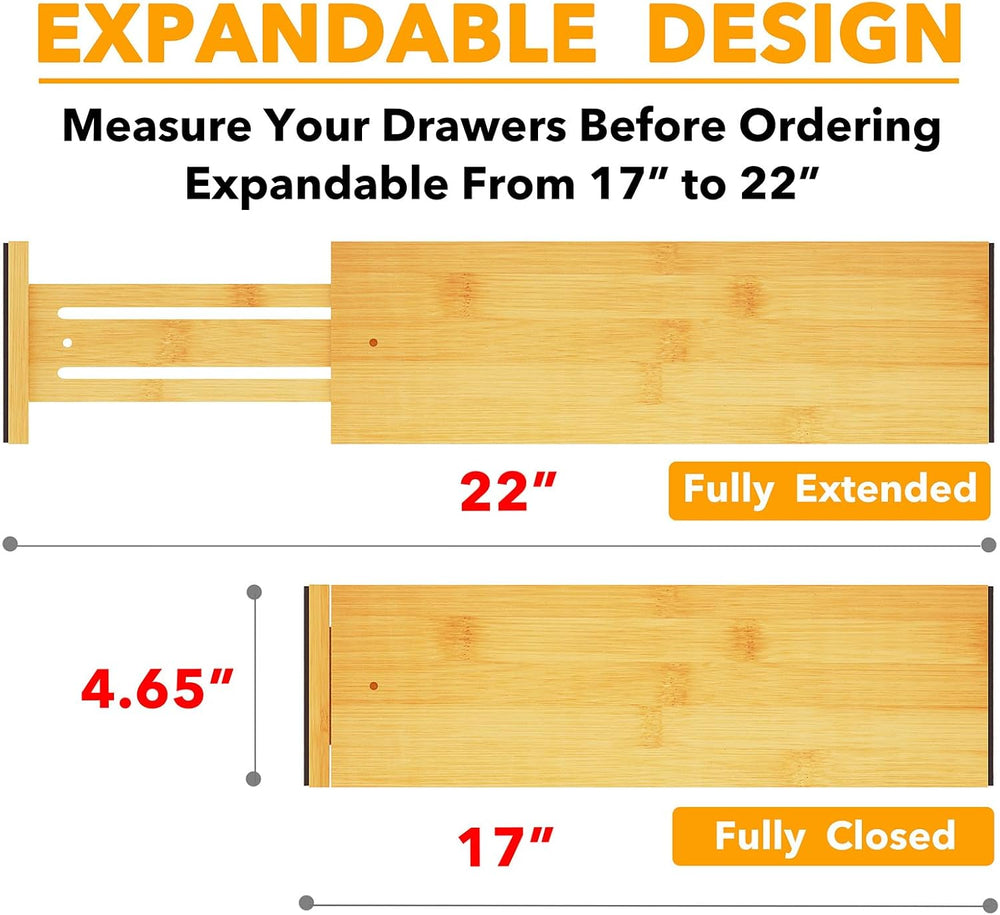 SpaceAid Bamboo Dresser Drawer Dividers 6 Pack, 4.65“ High Adjustable 17“-22”...