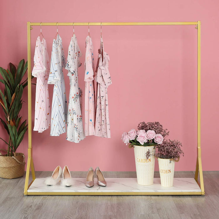 HOMEKAYT Gold Clothing Rack with Wooden Shelf for Boutique Retail Heavy Duty Hanging Rack- 59’’L