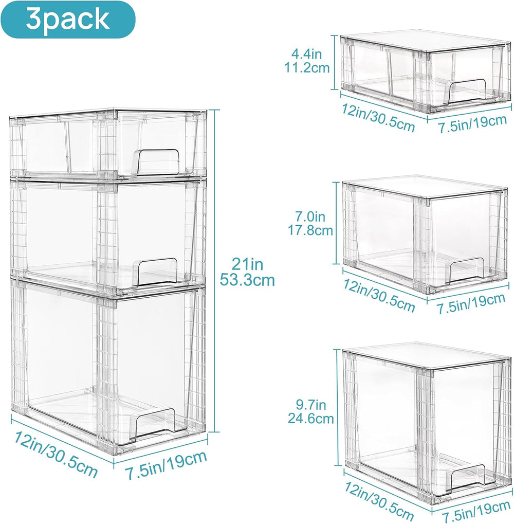 Vtopmart 3 Pack Clear Stackable Storage Drawers,Easy to Assemble Bathroom Org...