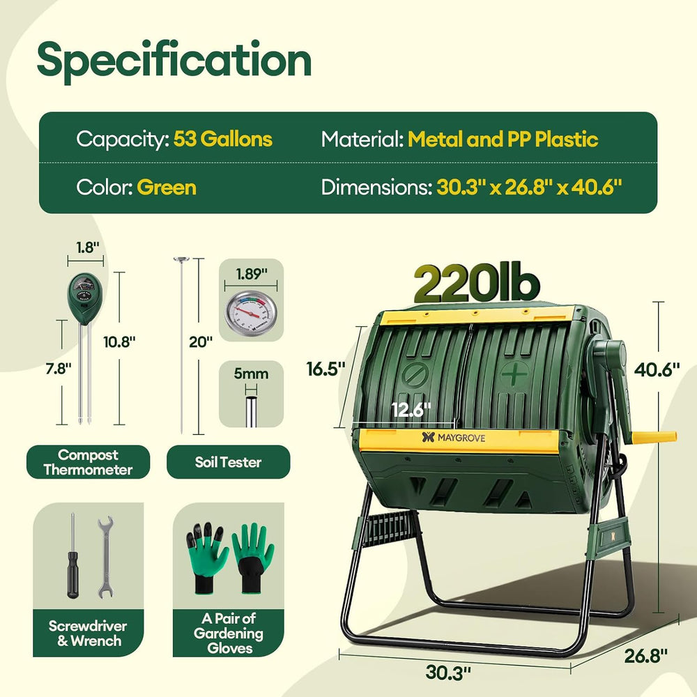 MAYGROVE Outdoor Compost Bin 53 Gallon Dual Chamber Composting Tumbler