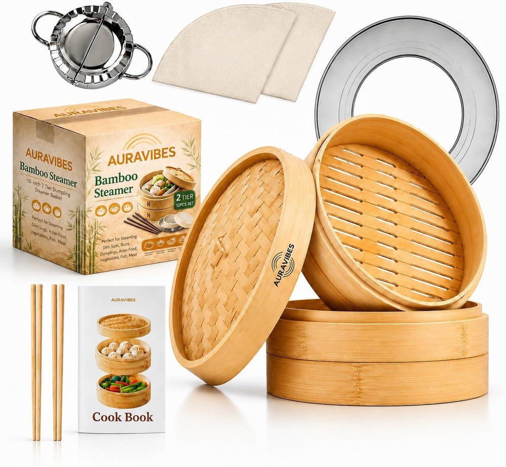 Bamboo Steamer Basket 10 Inch 2 Tier