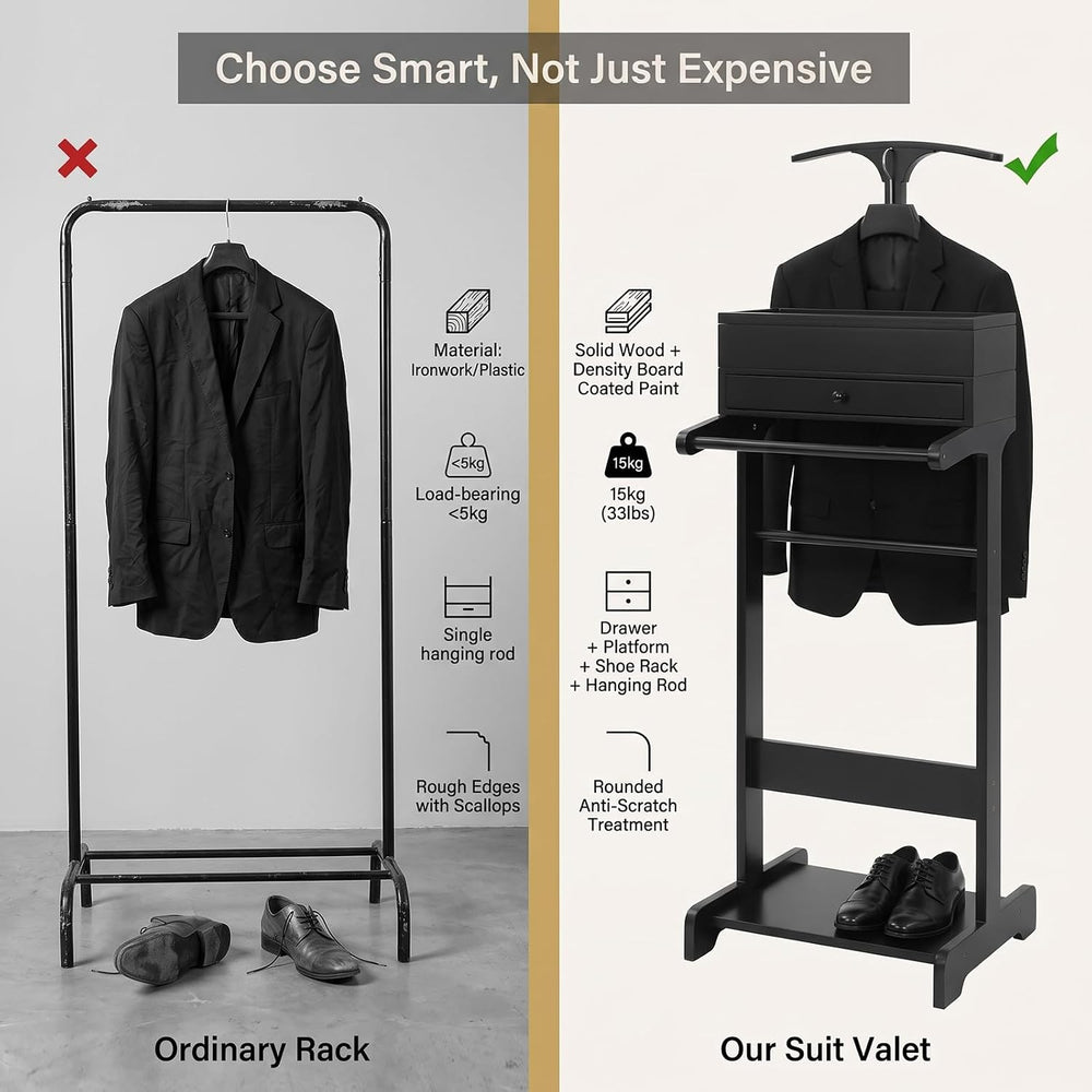 Suit Valet Stand | Knight Valet Sand with Tie Bar | Wood Valet Stand with Bas...