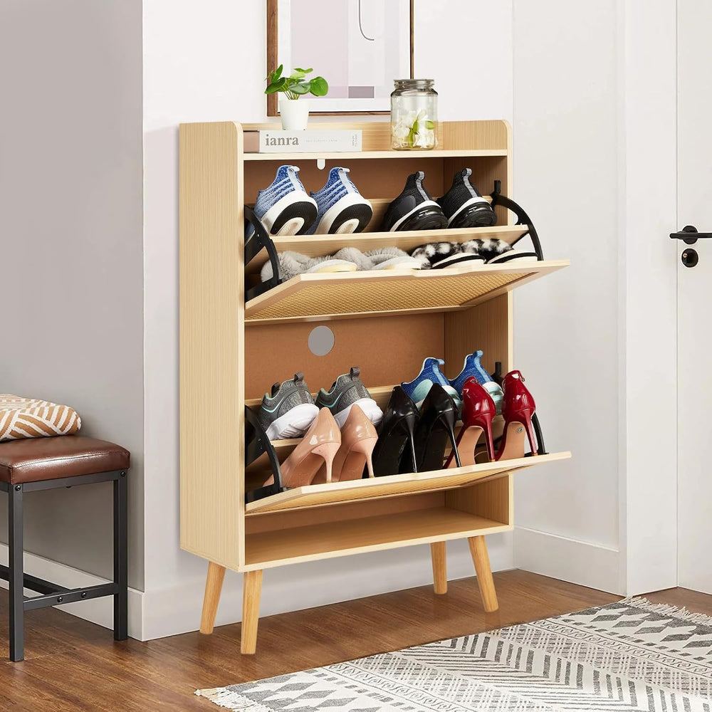 Natural Woven Rattan 2-Tier Shoe Cabinet, Narrow 9.25-Inch Depth with Flip-Dr...