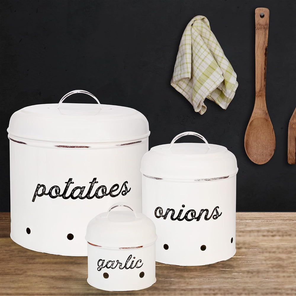 AuldHome Design Potatoes, Onions and Garlic Canister Set; Rustic White Enamel...