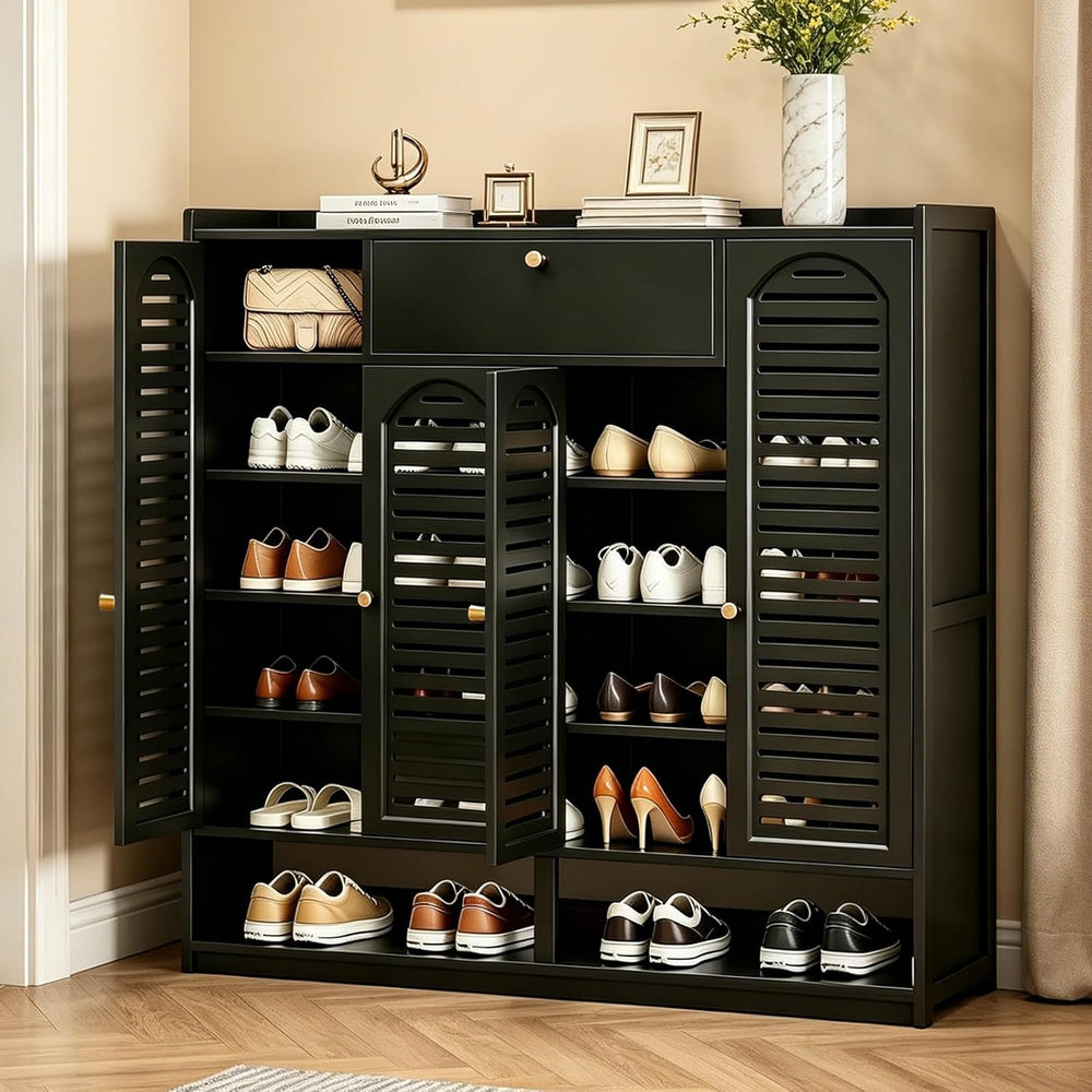 Bamboo 7-Tier Shoe Cabinet with Louvered Doors, Large Capacity Shoe Storage O...