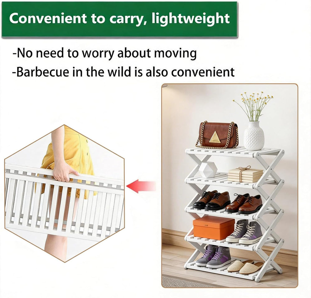 5 Tier Bamboo Shoe Rack White,Portable Folding Shoe Storage Rack,Without Inst...
