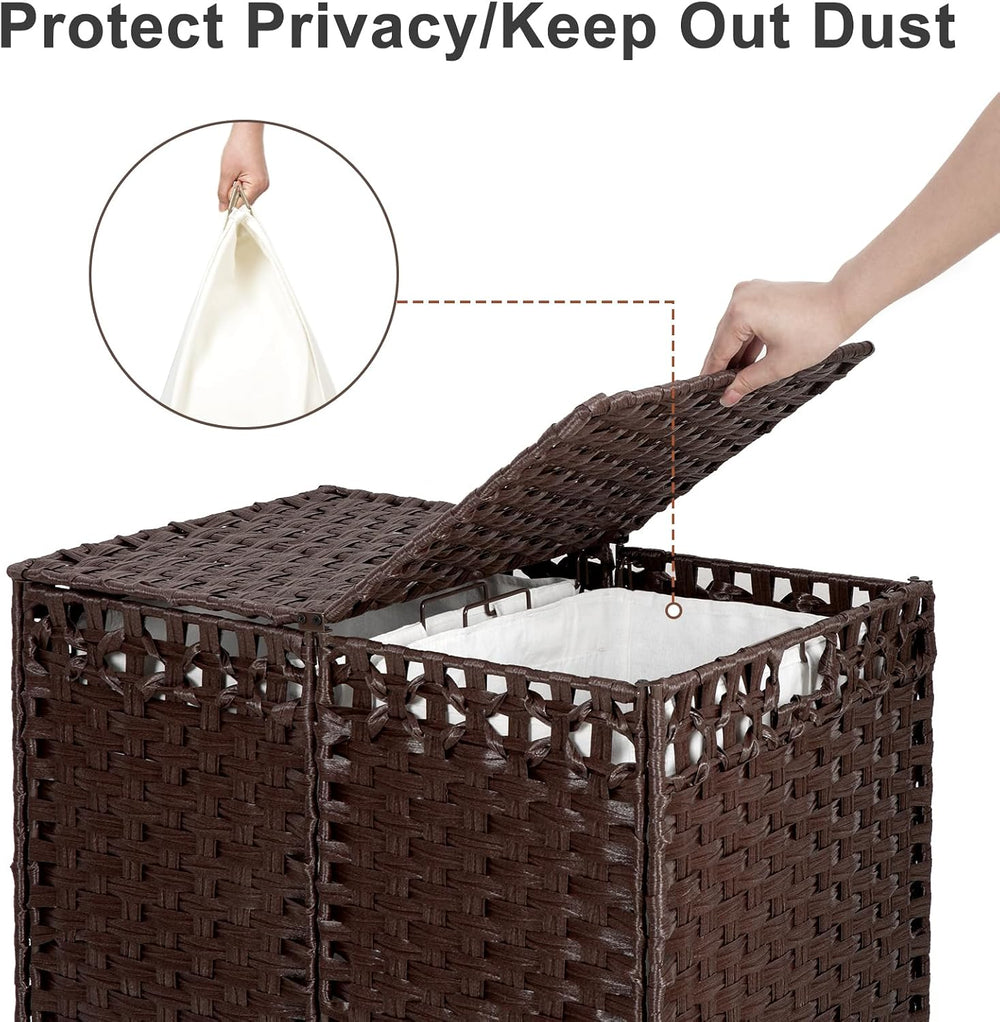 170L Foldable Laundry Hamper with Lid - Handwoven Rattan Storage Basket, 2-Se...