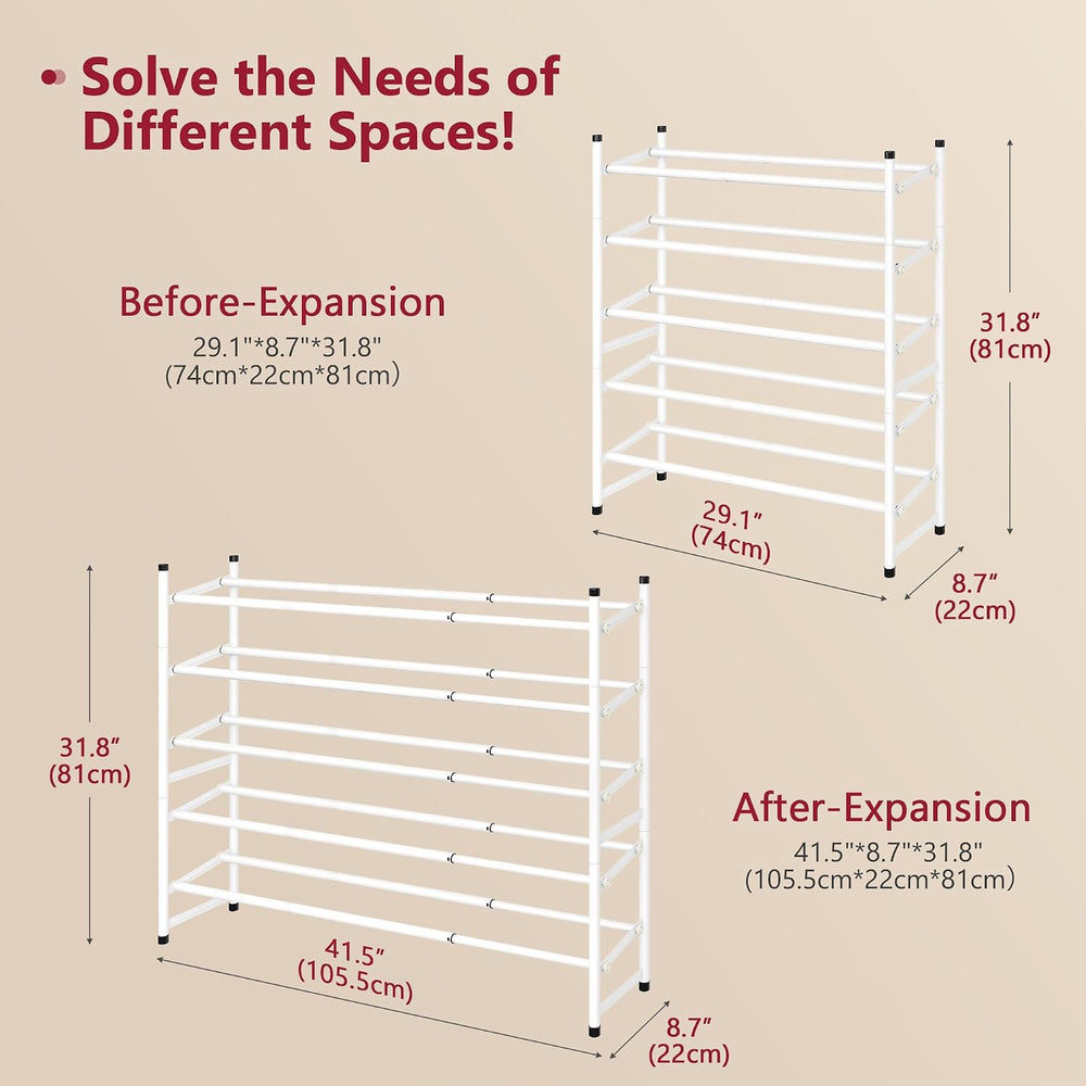 Tajsoon Expandable Shoe Rack for Closet 5 Tier, 28“-41“Stackable, White