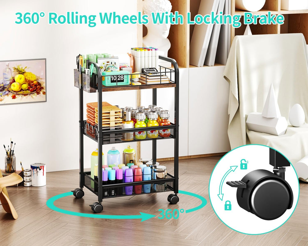HapiRm 3 Tier Metal Rolling Cart- Utility Storage Cart with Locking Wheels